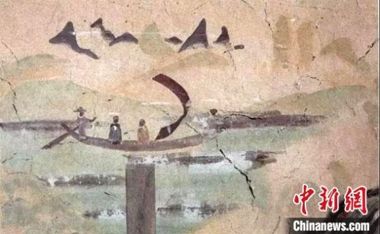 “一人搖櫓晃扁舟，兩人撐篙水上漂?！眻D為莫高窟第323窟《搖櫓帆船》（初唐）?！《鼗脱芯吭汗﹫D