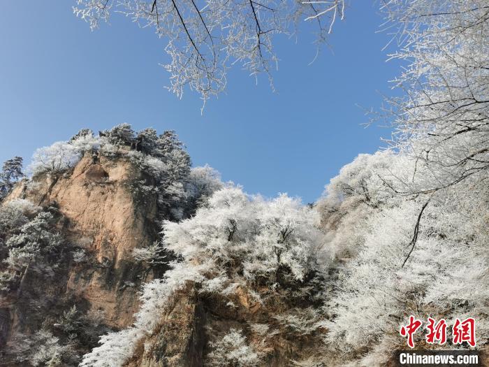 圖為藍(lán)天下霧凇籠罩山脈?！⌒煺袢A 攝