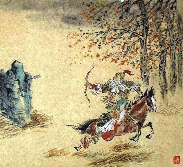 “林暗草驚風(fēng)，將軍夜引弓。”畫作
